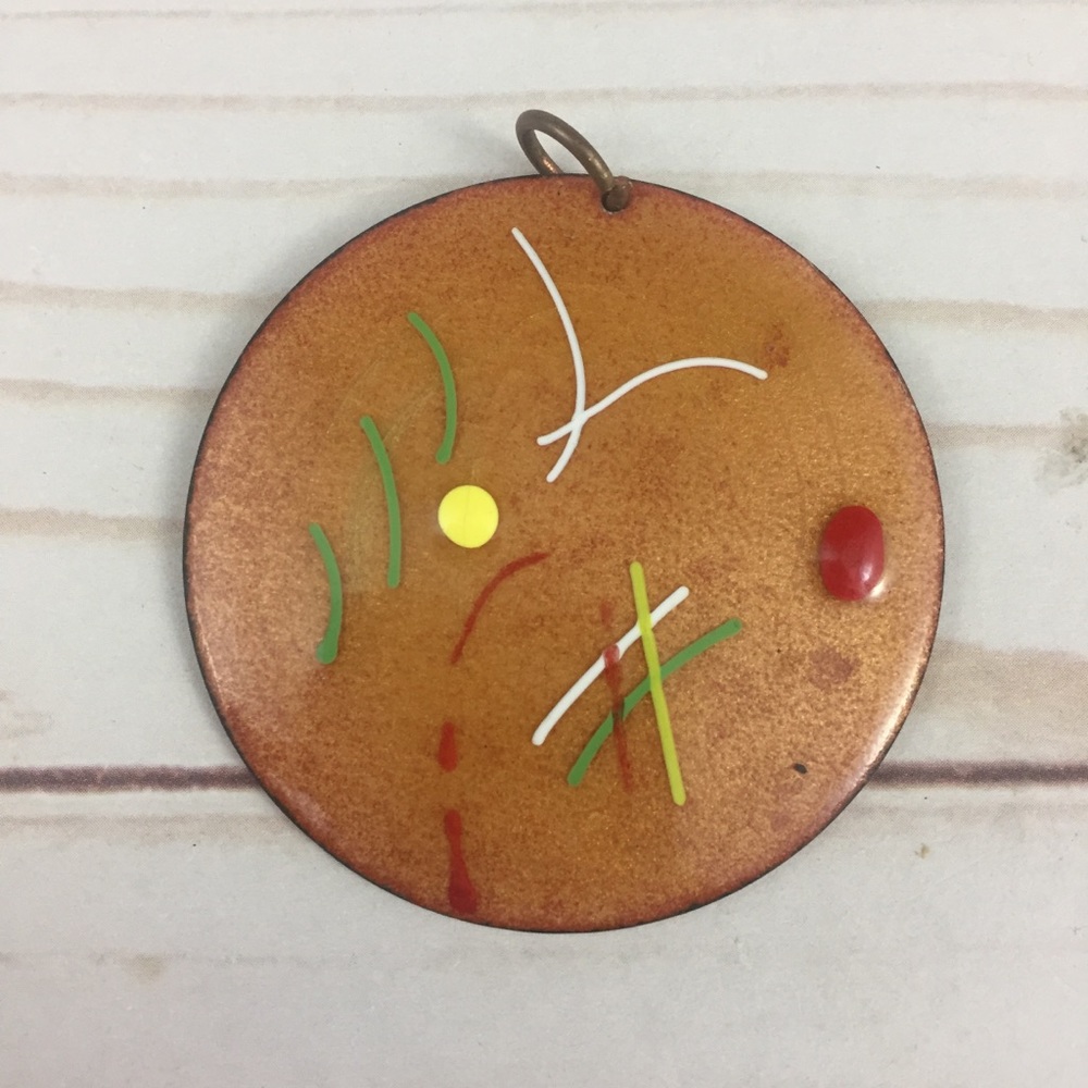 Vintage 70s Enamel on Copper Abstract Art Circular Pendant Medallion